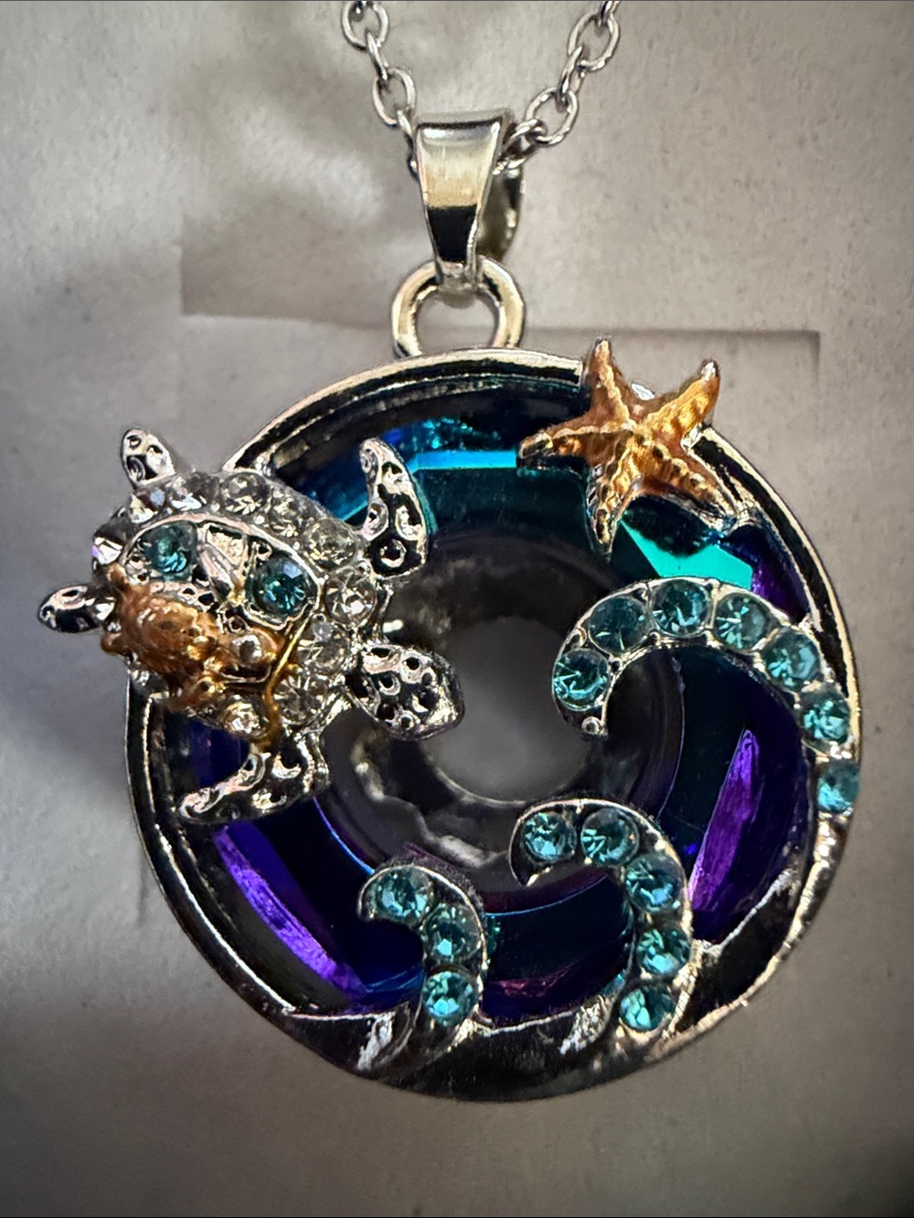 Ocean Wave Turtle Pendant Necklace, 18”, Silver Blue Purple, (J0269)